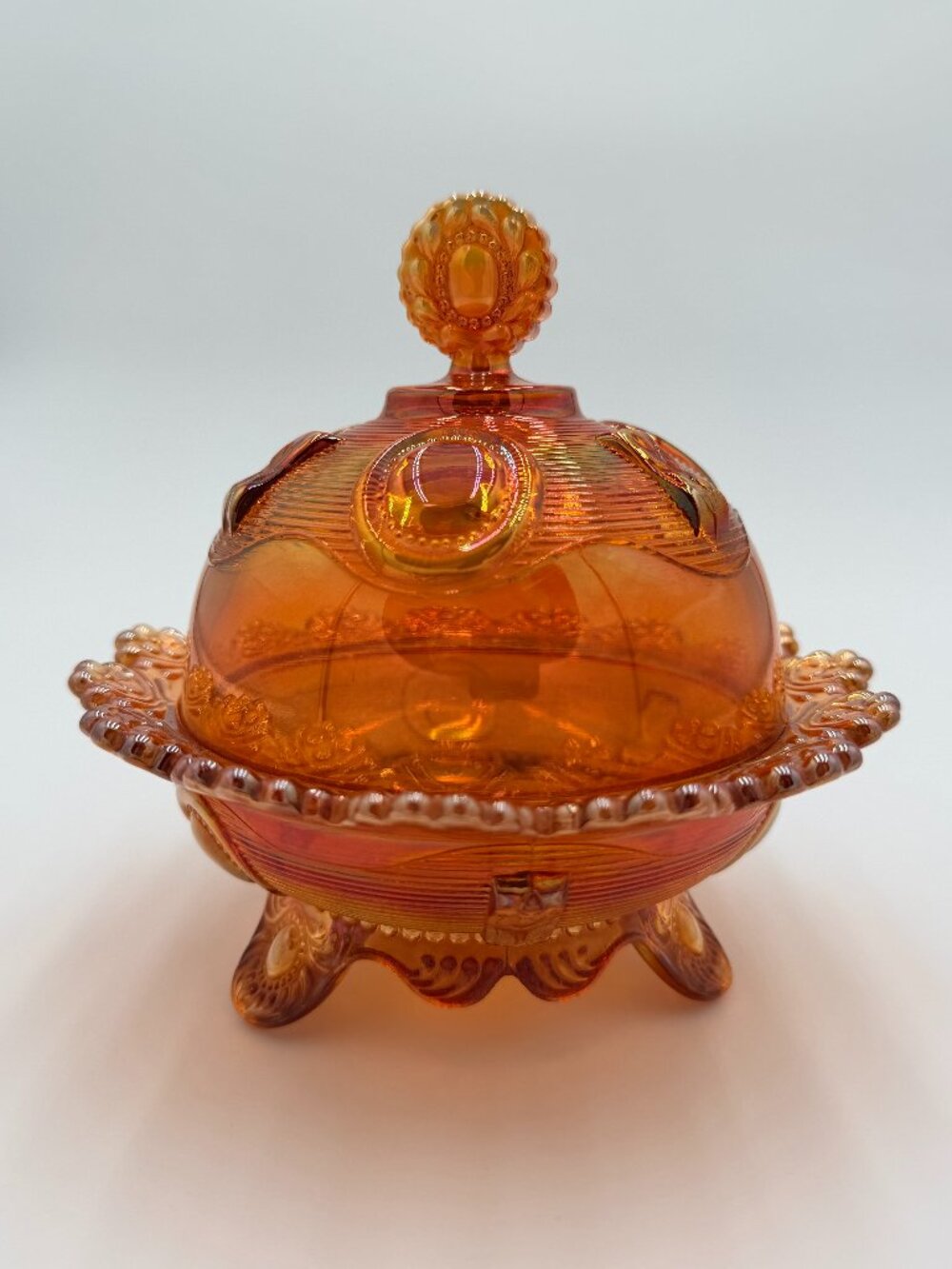 Vintage Imperial Marigold Carnival Glass Covered Candy Dish IG Mark UV Glow